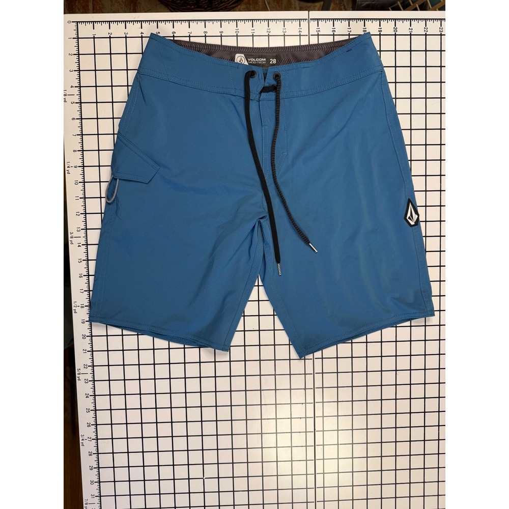 Volcom Mod-Tech Board Shorts Mens 28 Blue Cinch Fly Surf Trunks Side Pocket